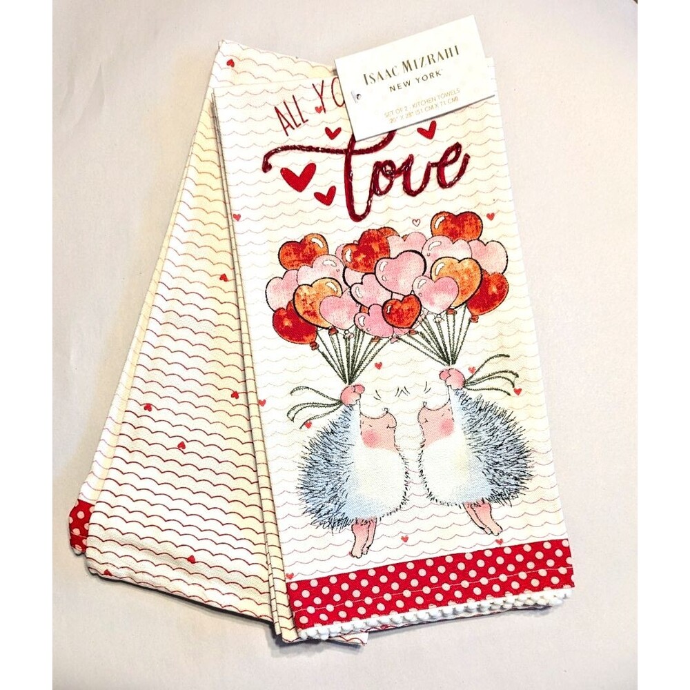 Isaac Mizrahi Kitchen Towels ALL YOU NEED IS LOVE Hedgehogs Heart Balloons Gift
